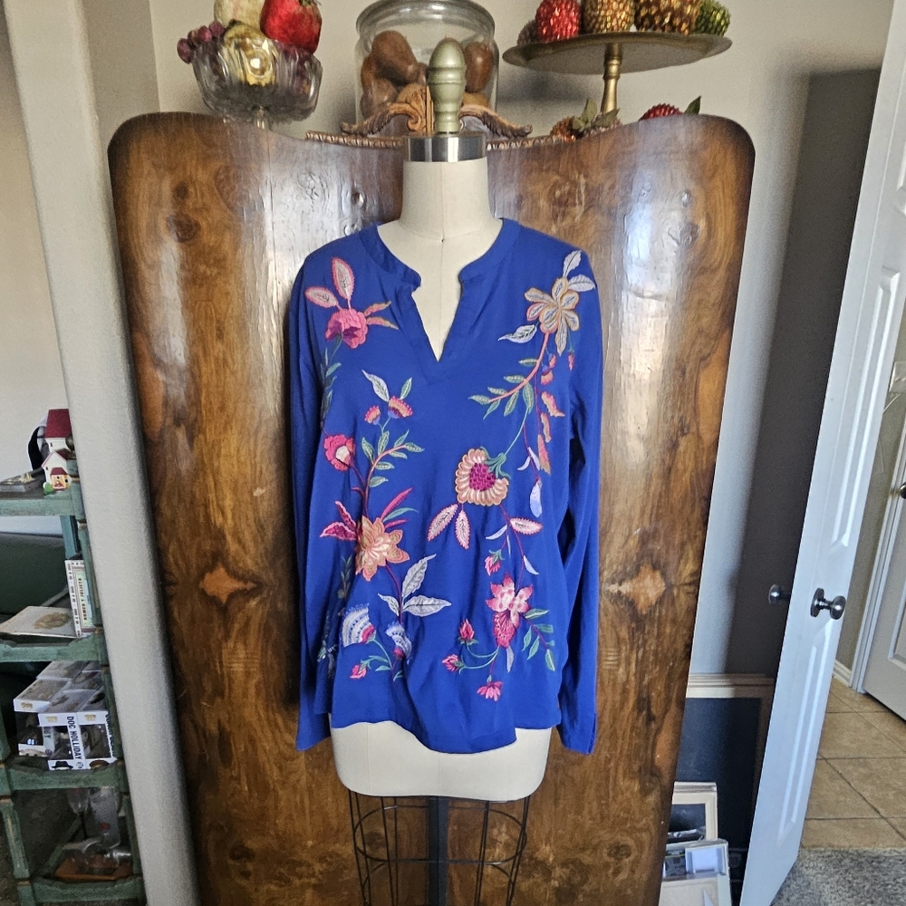 Johnny Was Royal Blue Floral Embroidered Top